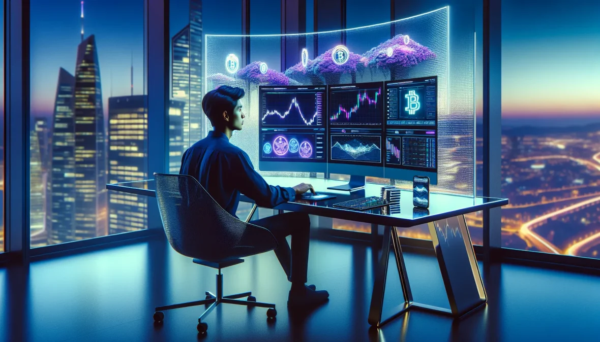 investor-analyzing-metaverse-cryptocurrency-charts-on-monitor-at-modern-desk-with-city-skyline-backg