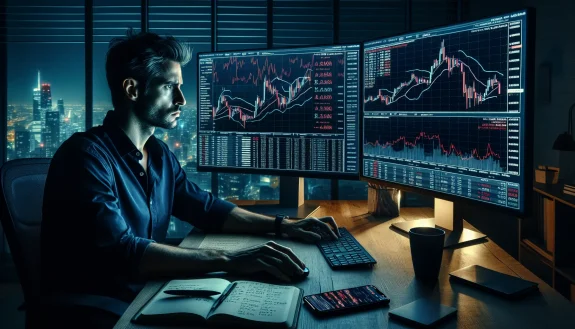 trader-monitoring-cryptocurrency-short-positions-on-dual-monitors-showing-bearish-price-charts