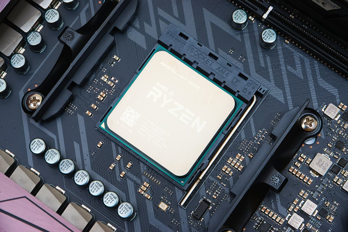 AMD Ryzen 7 1800X desktop processor installed in a motherboard socket