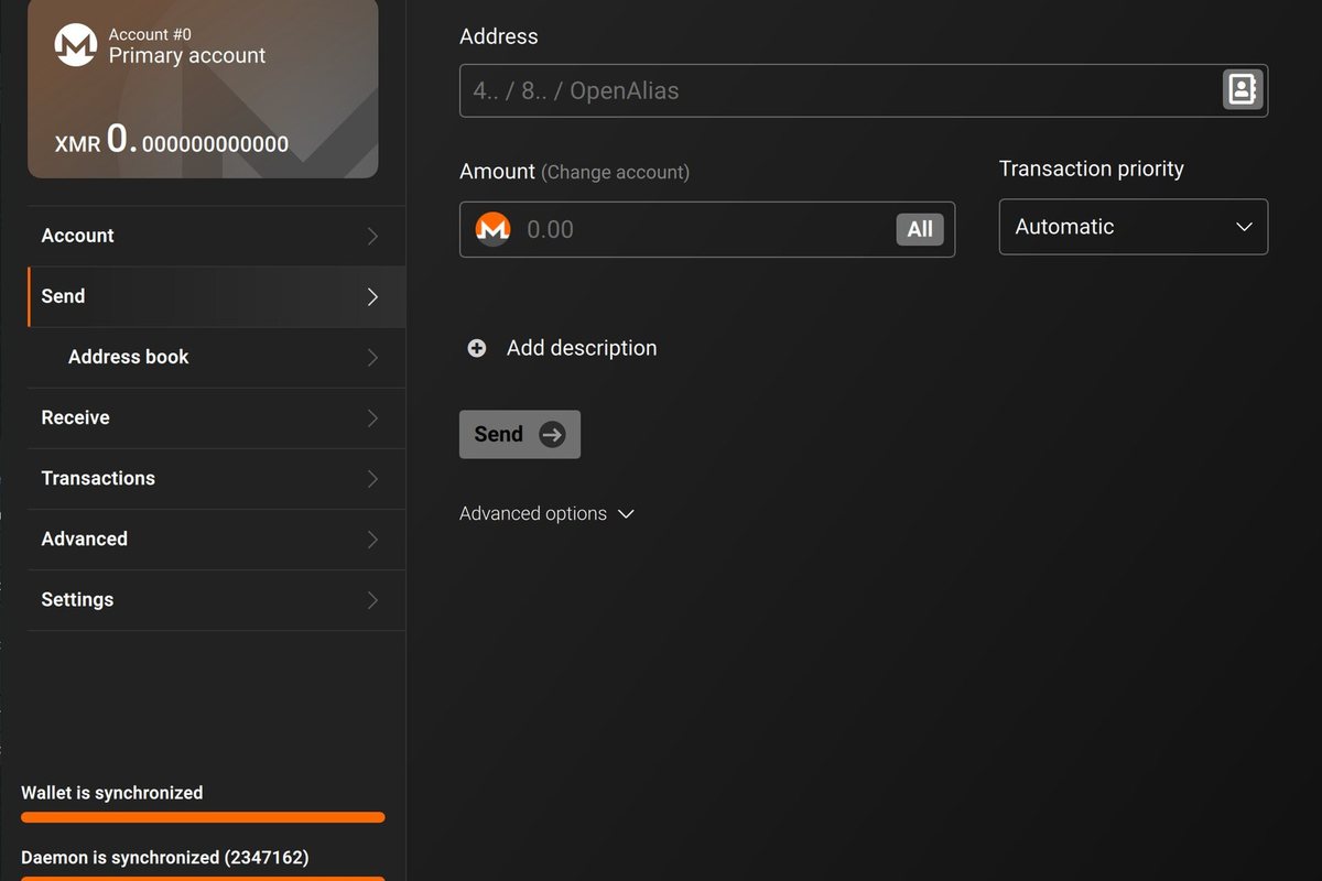 Monero GUI wallet send screen showing address, amount and transaction priority fields