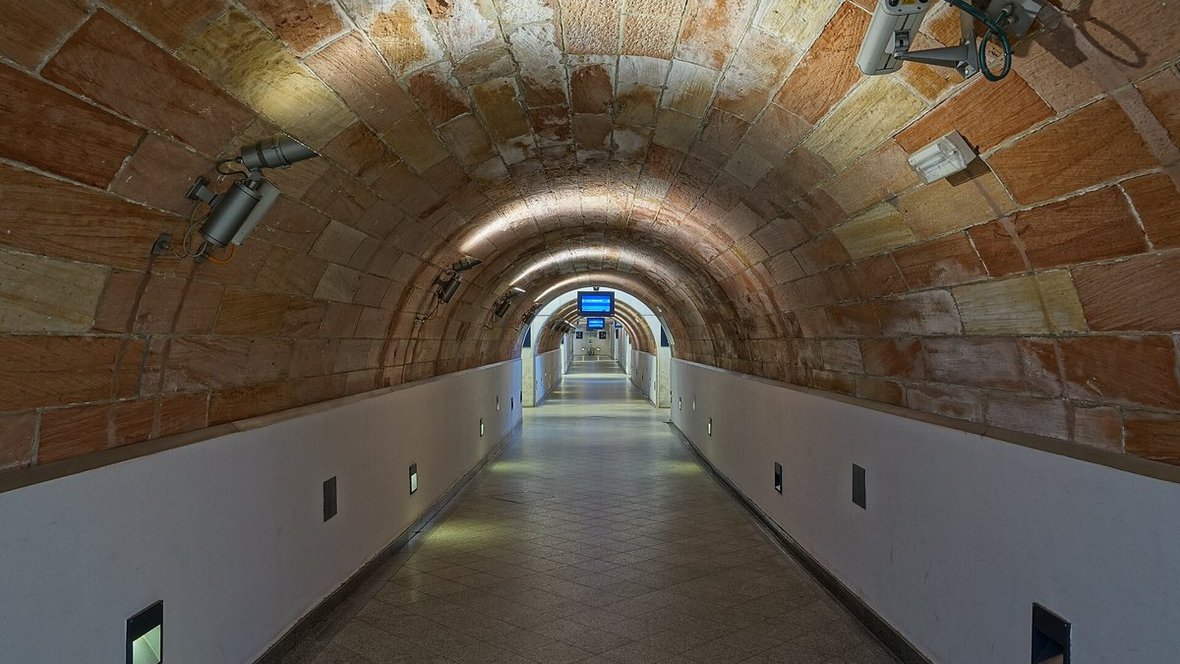 Train station corridor in Strasbourg with surveillance cameras on the ceiling